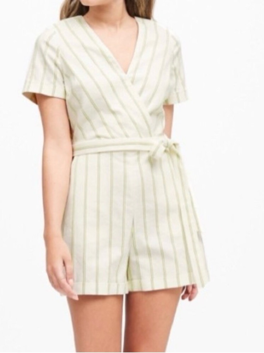 Banana Republic Cream and Light Green Striped Wrap Romper